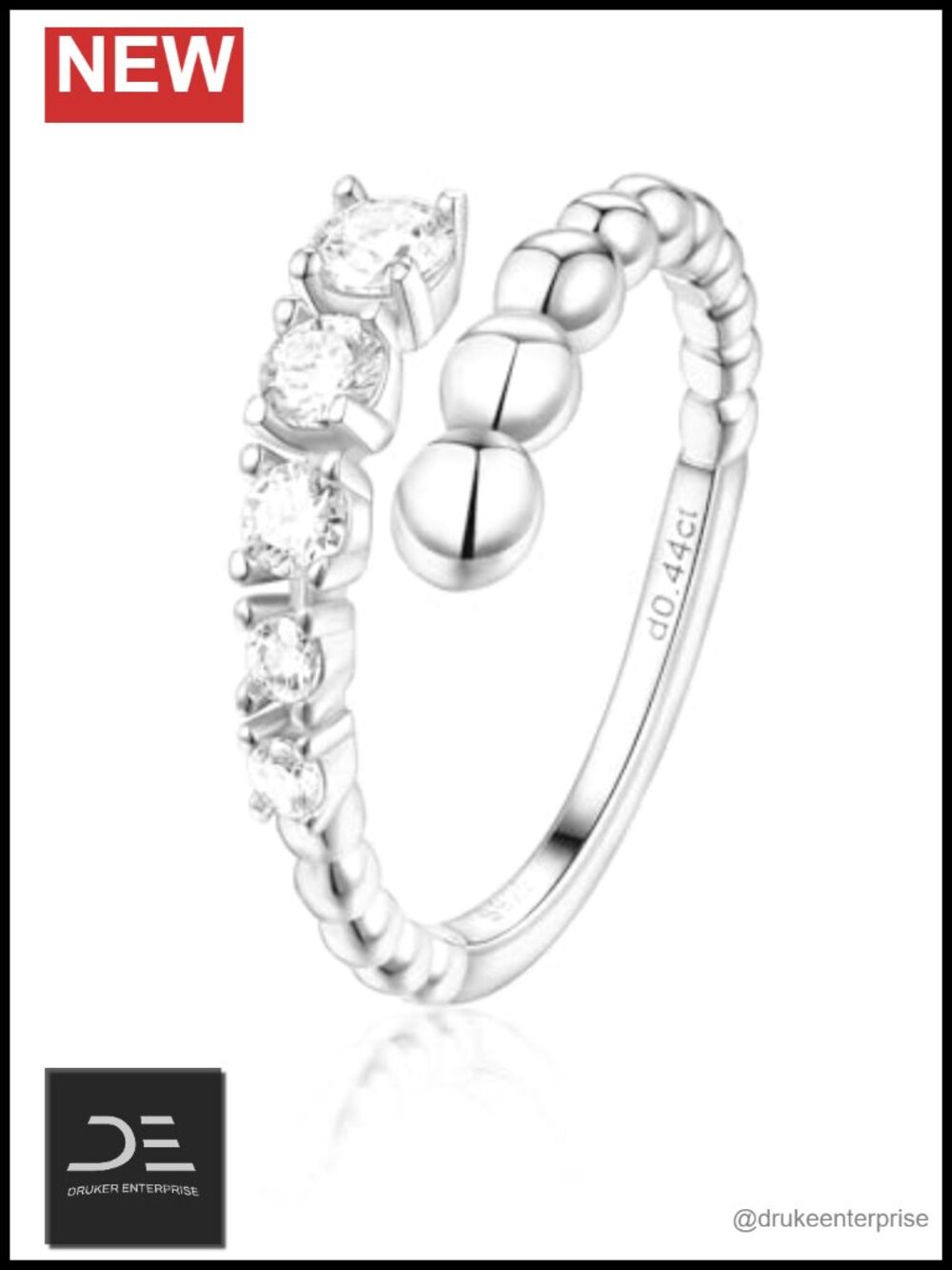 Moissanite Adjustable Open Ring 925 Sterling Silver Stackable Beaded Band